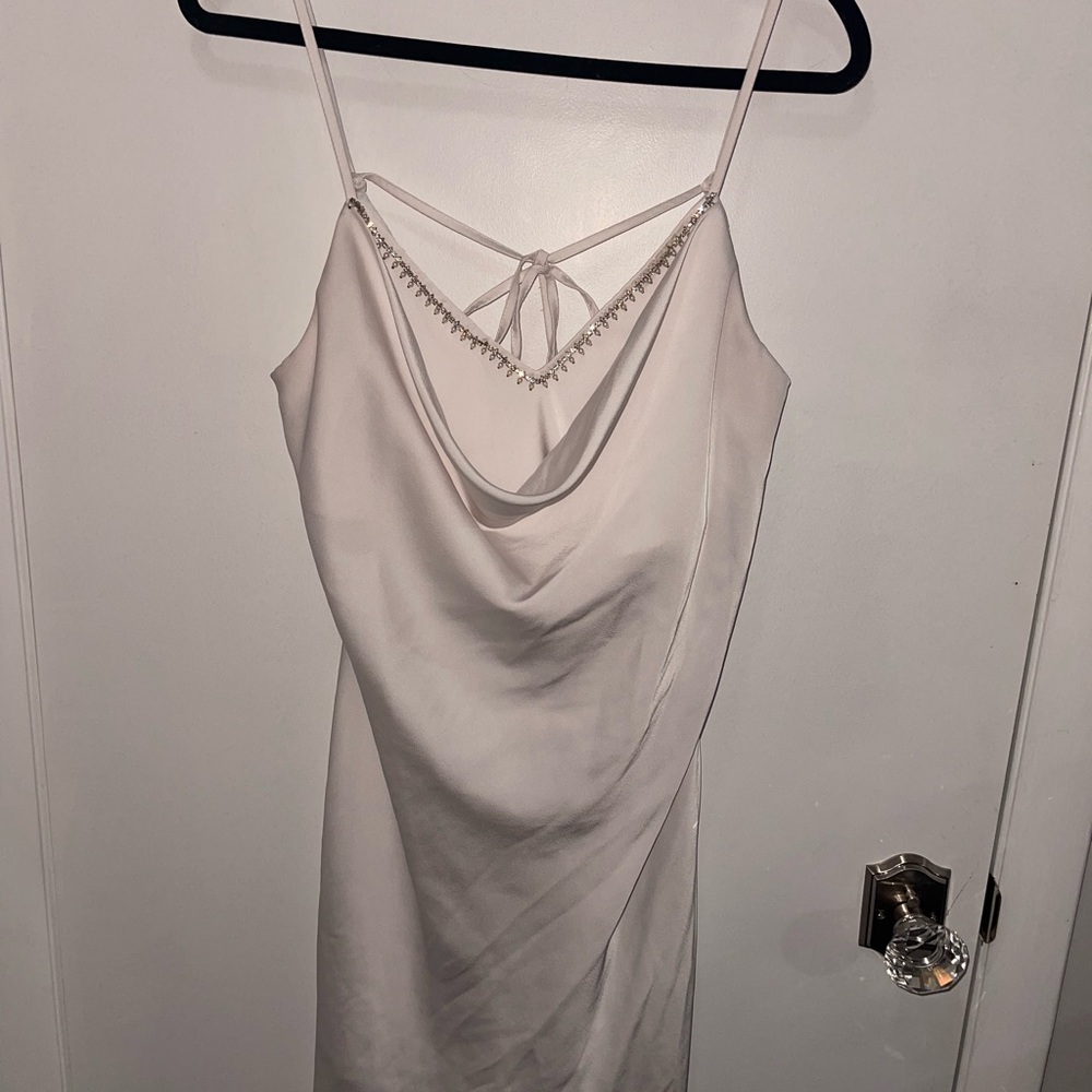 Lulu’s Rhinestone Cowl Neck White Spaghetti Strap Dress